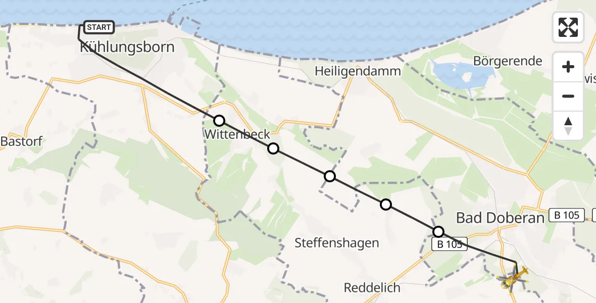 Flugroute Ambulanzhubschrauber Kühlungsborn - Hohenfelde, 26 Mai 2026, 06:39
