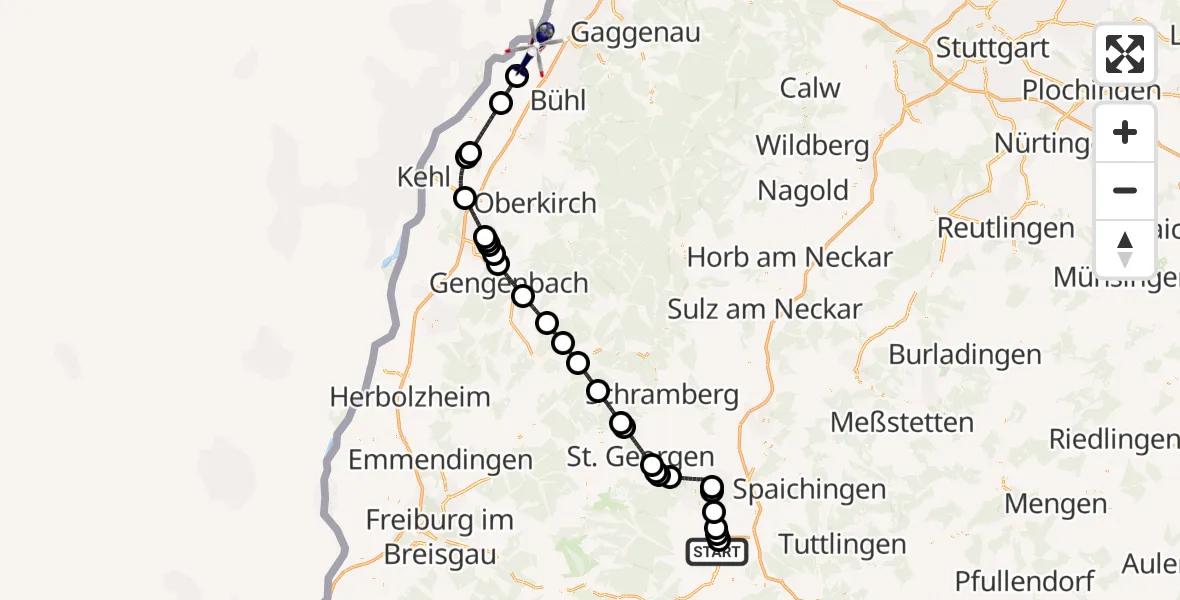 Flugroute Polizeihubschrauber Donaueschingen-Villingen Flugplatz - Karlsruhe Baden-Baden Flughafen, 26 Mai 2026, 06:40