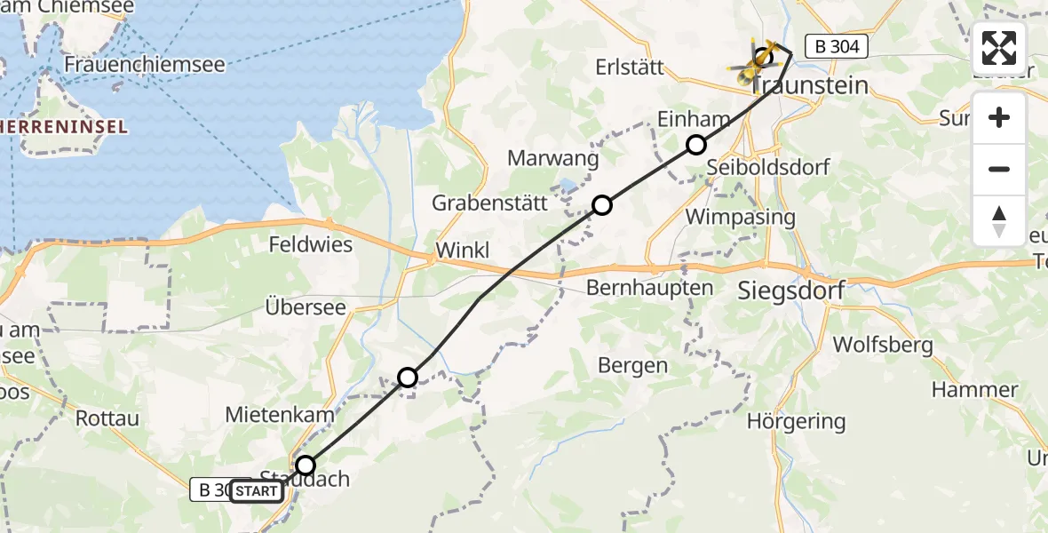 Flugroute Rettungshubschrauber Grassau - Traunstein Hospital, 26 Mai 2026, 06:50