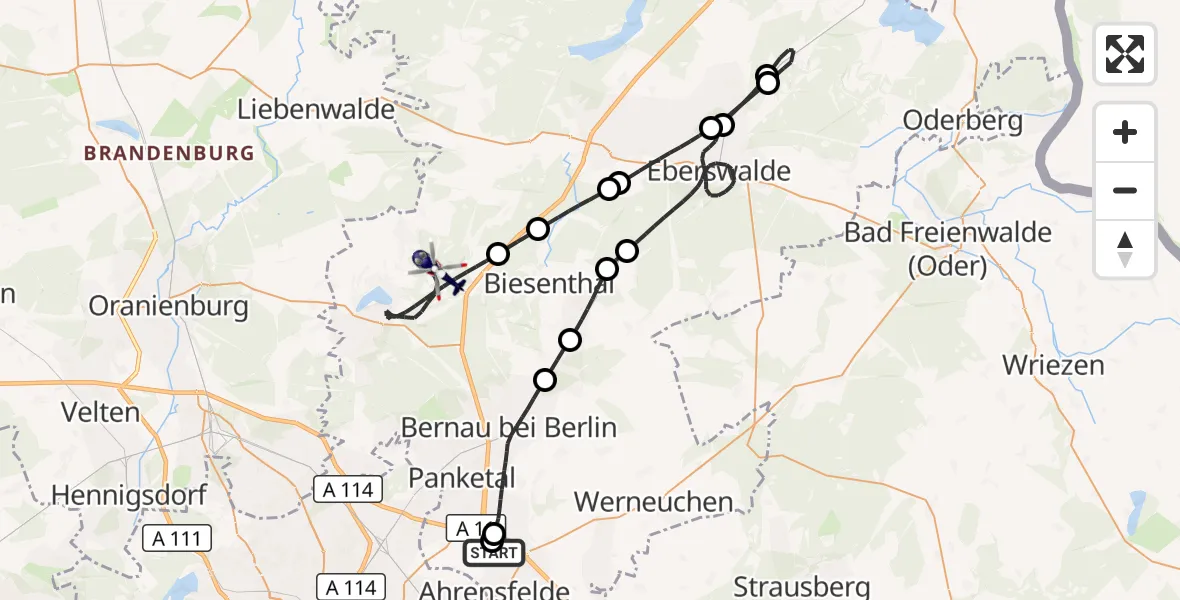 Flugroute Polizeihubschrauber Ahrensfelde Hubschrauberlandeplatz - Wandlitz, 26 Mai 2026, 06:59