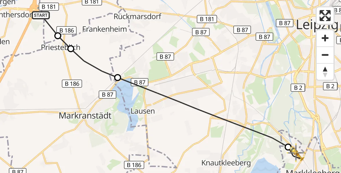 Flugroute Rettungshubschrauber Leuna - Markkleeberg, 26 Mai 2026, 06:59