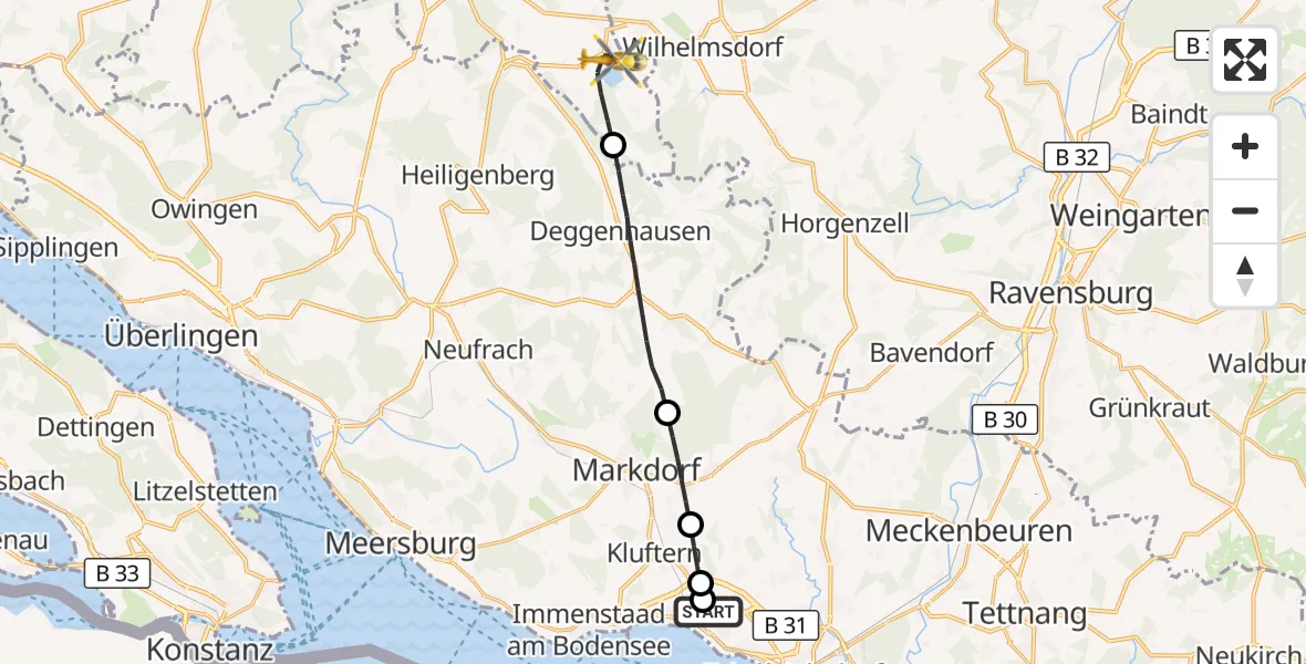 Flugroute Rettungshubschrauber Friedrichshafen Hospital - Illmensee, 26 Mai 2026, 07:02