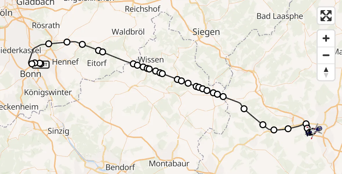 Flugroute Polizeihubschrauber Sankt Augustin - Gießen-Lützellinden Flugplatz, 26 Mai 2026, 07:05
