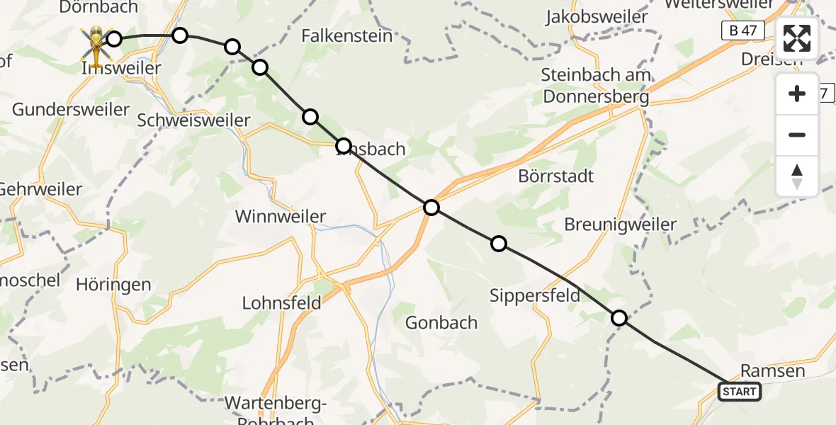 Flugroute Rettungshubschrauber Ramsen - Imsweiler UL, 26 Mai 2026, 07:06