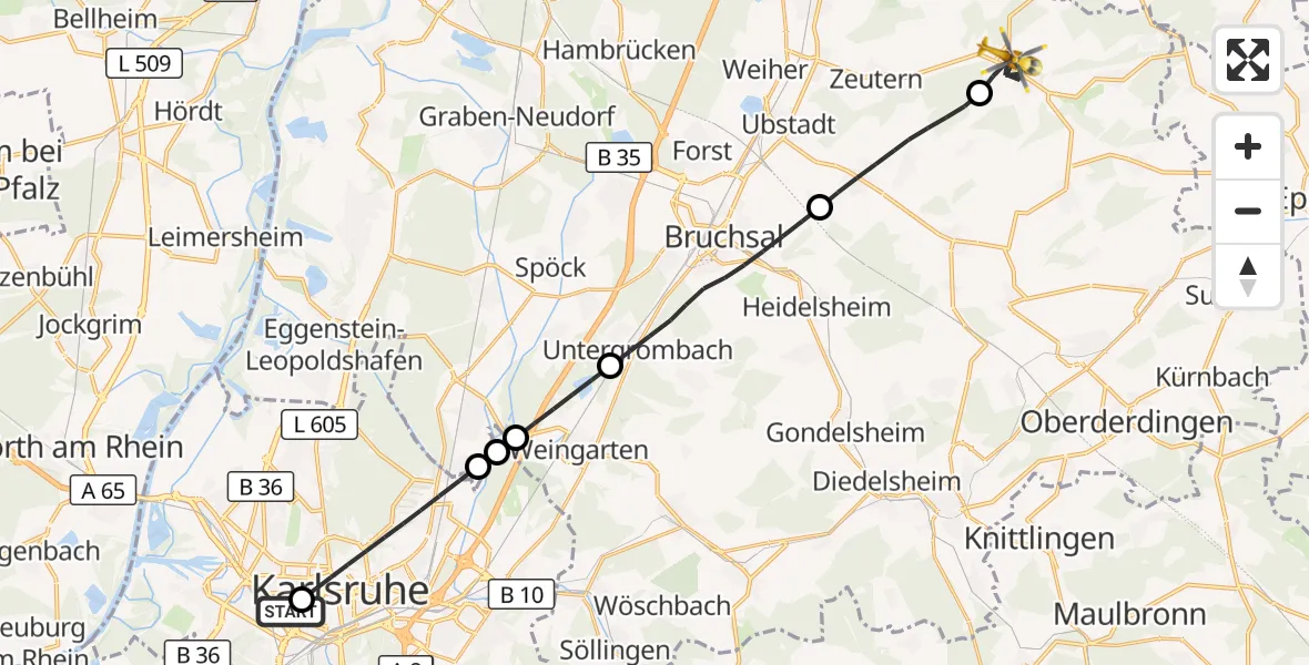 Flugroute Rettungshubschrauber Sankt Vincentius Hospital - Östringen, 26 Mai 2026, 07:12