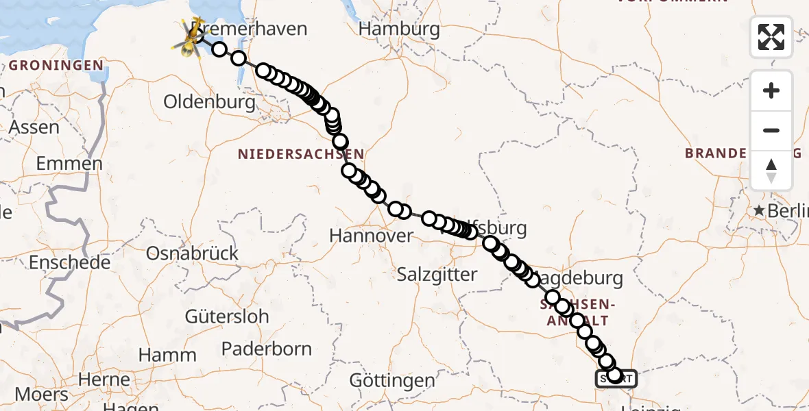 Flugroute Ambulanzhubschrauber Halle-Oppin Flugplatz - JadeWeser Flughafen, 26 Mai 2026, 07:14