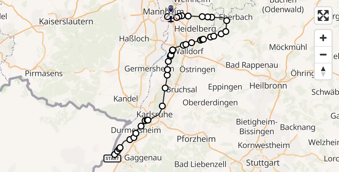 Flugroute Polizeihubschrauber Hügelsheim - Mannheim-City Flughafen, 26 Mai 2026, 07:24