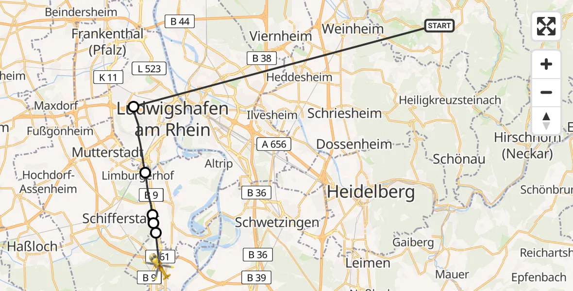 Flugroute Rettungshubschrauber Abtsteinach - Speyer, 26 Mai 2026, 07:27