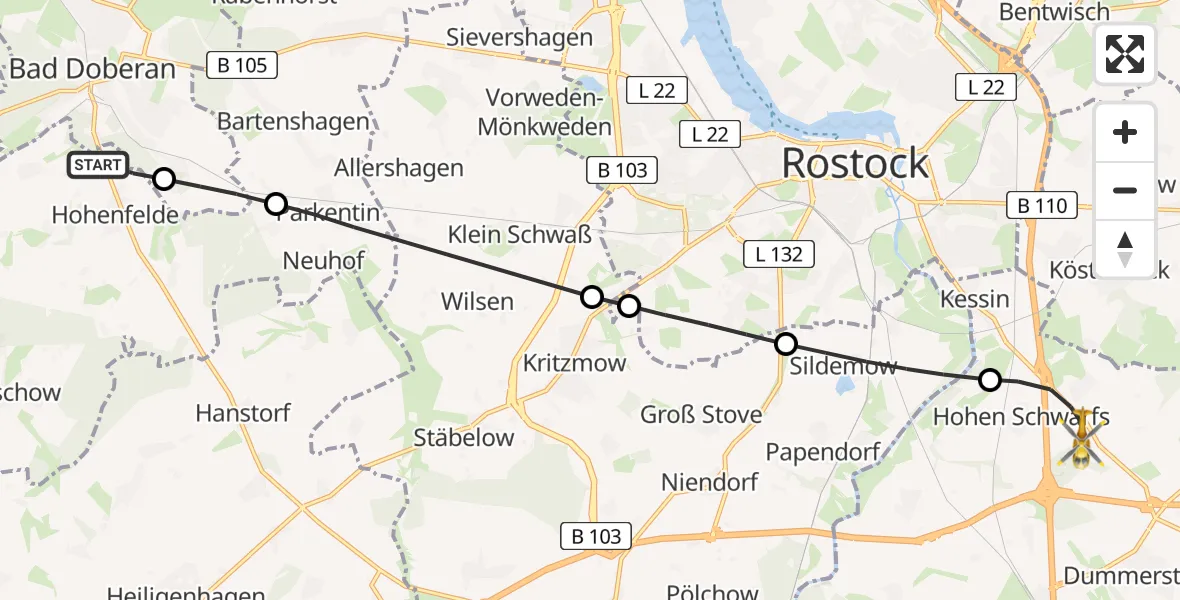 Flugroute Ambulanzhubschrauber Hohenfelde - Dummerstorf, 26 Mai 2026, 07:29