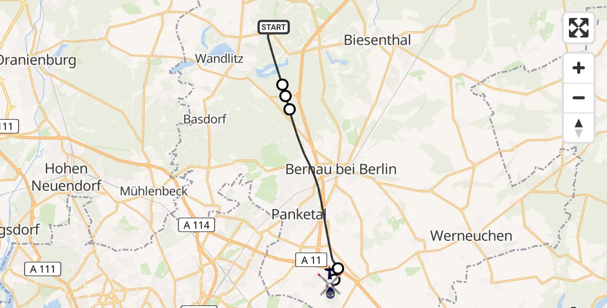 Flugroute Polizeihubschrauber Wandlitz - Ahrensfelde Hubschrauberlandeplatz, 26 Mai 2026, 07:34