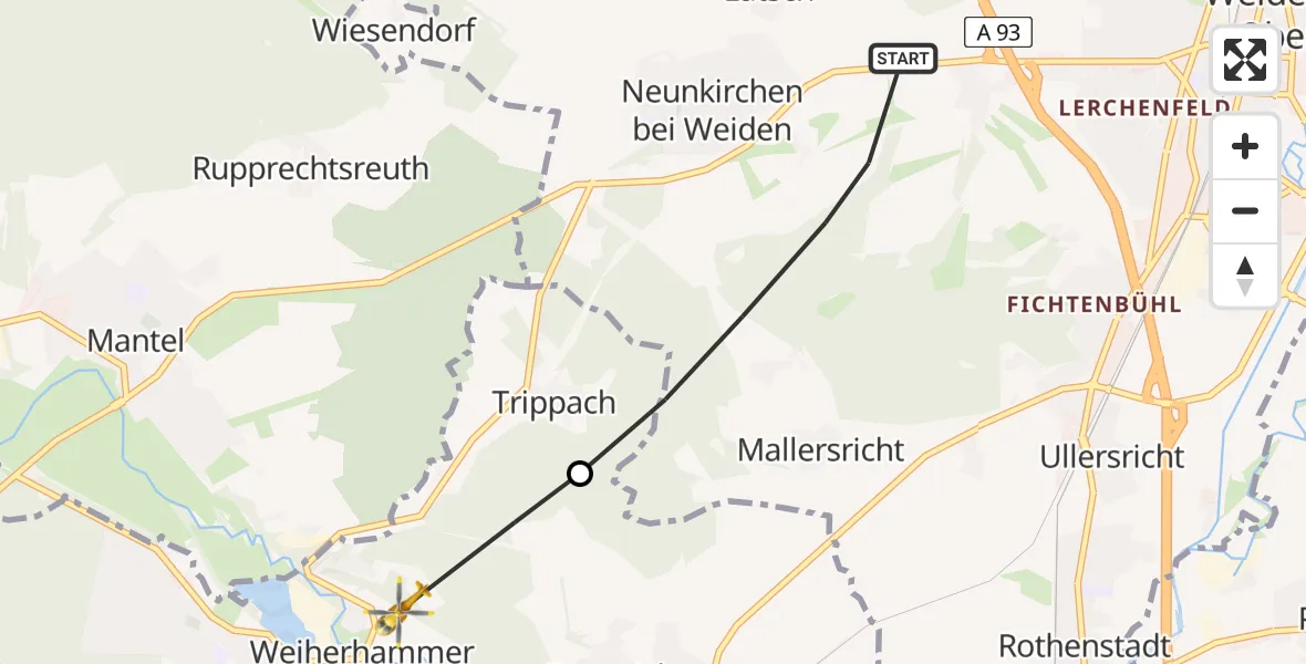 Flugroute Rettungshubschrauber Weiden i.d.OPf. - Weiherhammer, 26 Mai 2026, 07:41