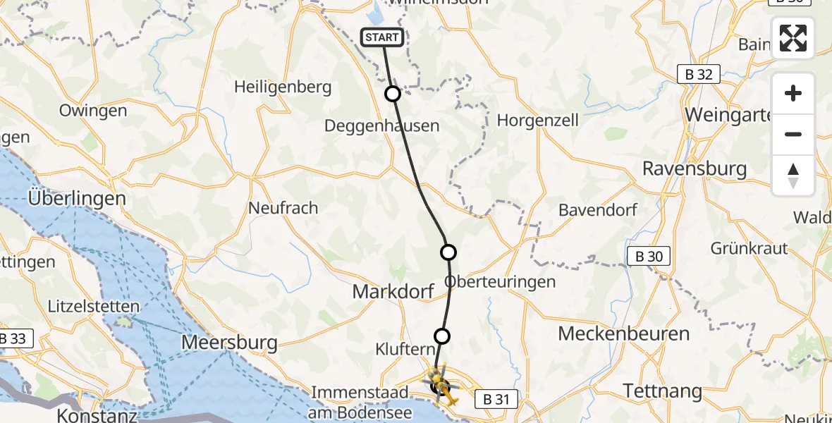 Flugroute Rettungshubschrauber Illmensee - Friedrichshafen Hospital, 26 Mai 2026, 07:41