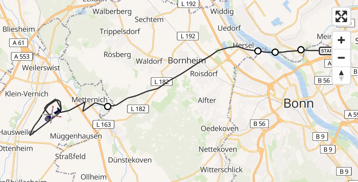 Flugroute Polizeihubschrauber Bonn - Weilerswist, 26 Mai 2026, 07:45