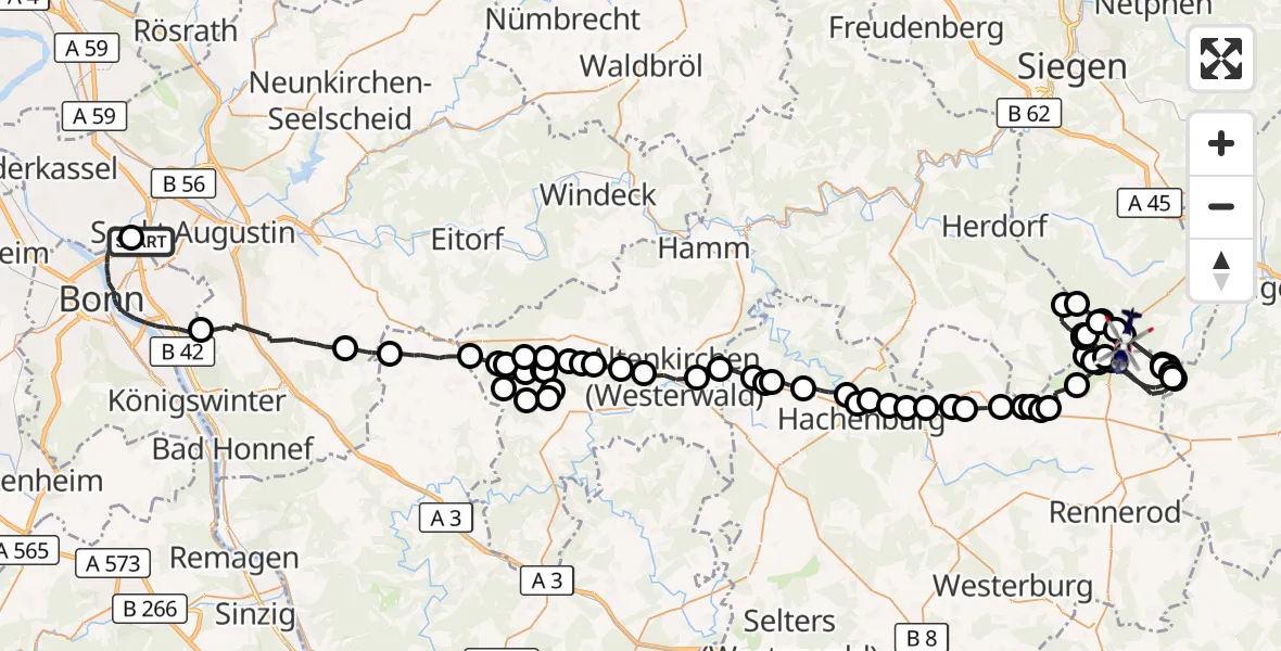 Flugroute Polizeihubschrauber Sankt Augustin - Siegerland Flughafen, 26 Mai 2026, 07:47