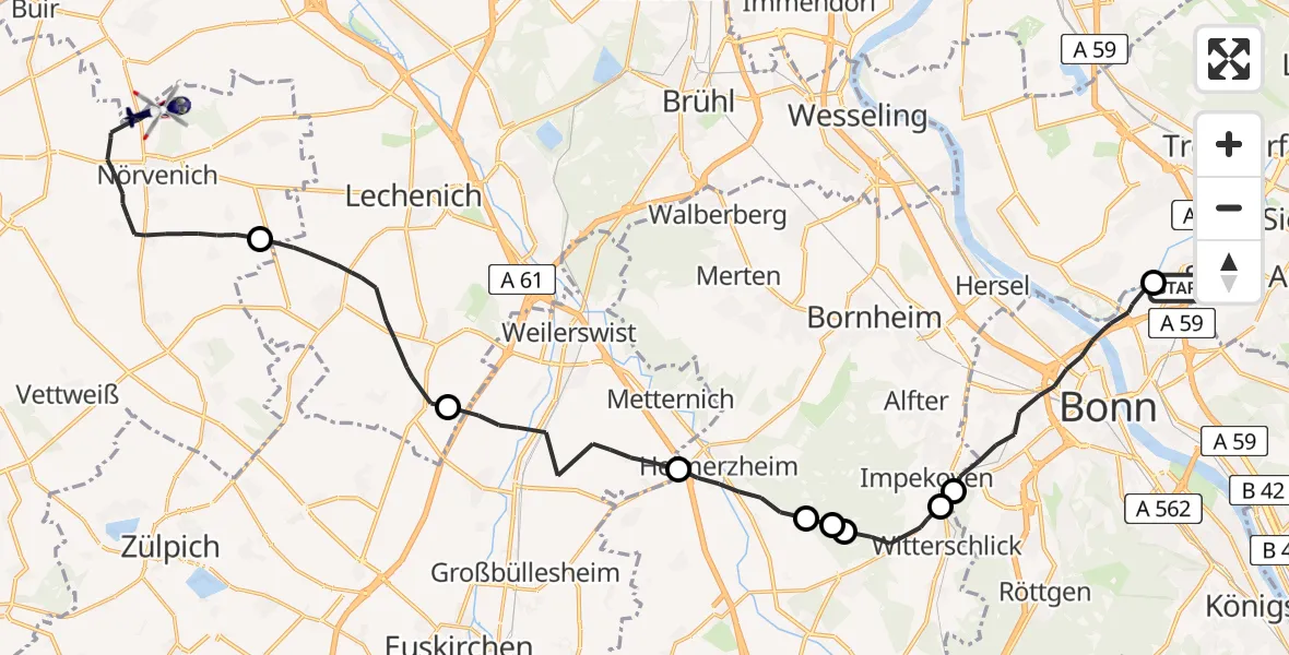 Flugroute Polizeihubschrauber Sankt Augustin - Militärflugplatz Nörvenich, 26 Mai 2026, 07:49