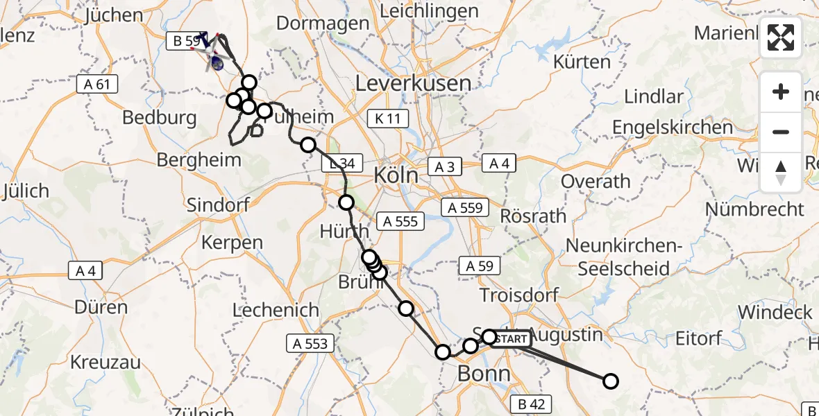 Flugroute Polizeihubschrauber Sankt Augustin - Rommerskirchen, 26 Mai 2026, 07:50