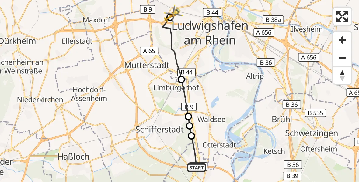 Flugroute Rettungshubschrauber Speyer - Ludwigshafen Accident Hospital, 26 Mai 2026, 07:58