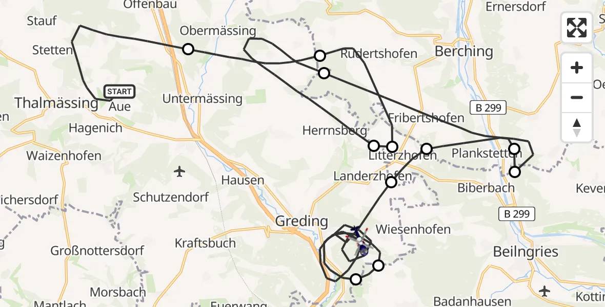 Flugroute Polizeihubschrauber Thalmässing - Greding, 26 Mai 2026, 08:00