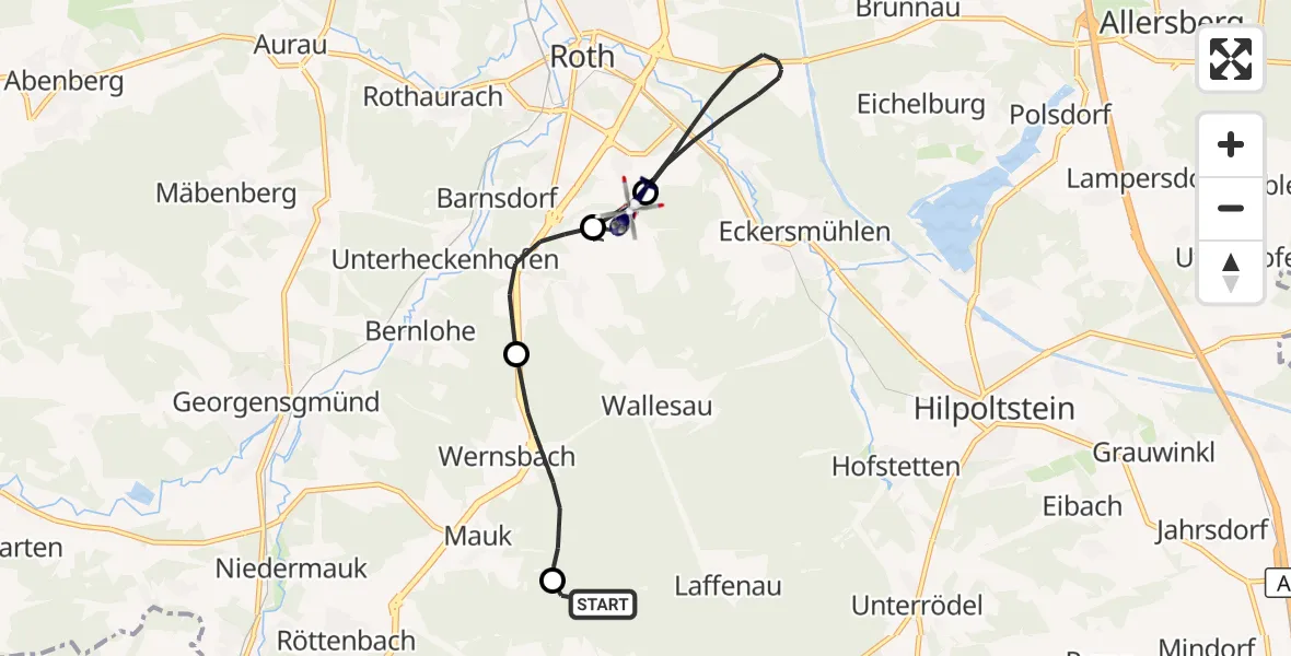 Flugroute Polizeihubschrauber Heideck - Roth, 26 Mai 2026, 08:00