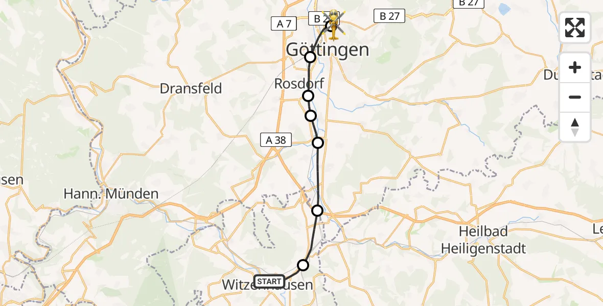 Flugroute Rettungshubschrauber Witzenhausen - Göttingen University Clinic Hubschrauberlandeplatz, 26 Mai 2026, 08:01