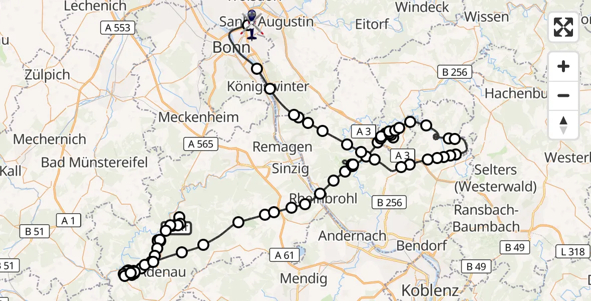 Flugroute Polizeihubschrauber Dümpelfeld - Sankt Augustin, 26 Mai 2026, 08:05