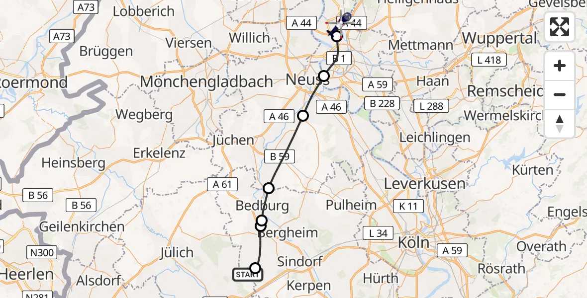 Flugroute Polizeihubschrauber Merzenich - Düsseldorf Flughafen, 26 Mai 2026, 08:06
