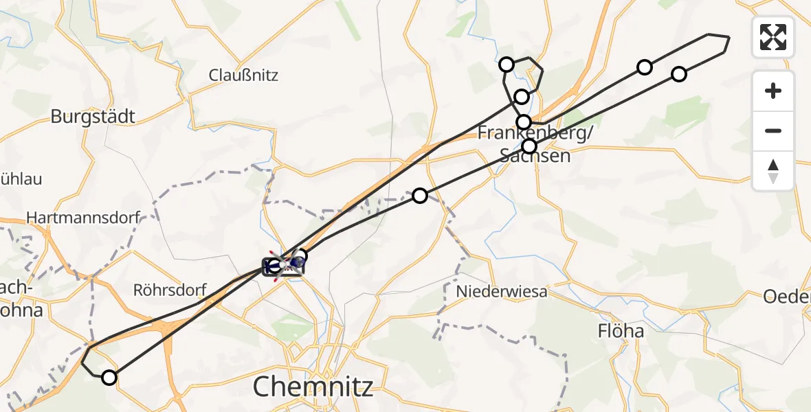 Flugroute Polizeihubschrauber Chemnitz-Glösa Industrial Park Hubschrauberlandeplatz - Chemnitz-Glösa Industrial Park Hubschrauberlandeplatz, 26 Mai 2026, 08:07