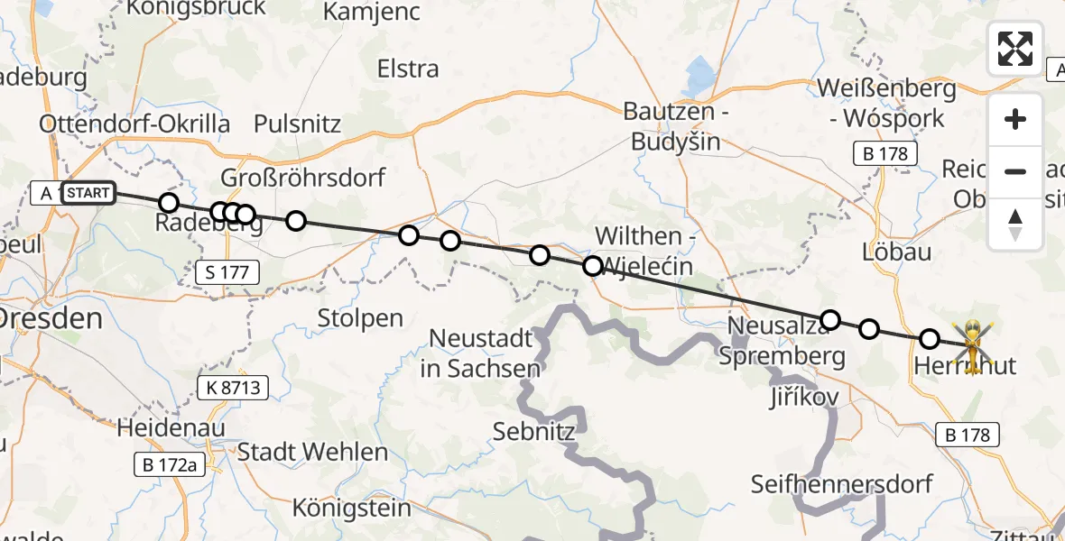 Flugroute Rettungshubschrauber Dresden - Herrnhut, 26 Mai 2026, 08:09