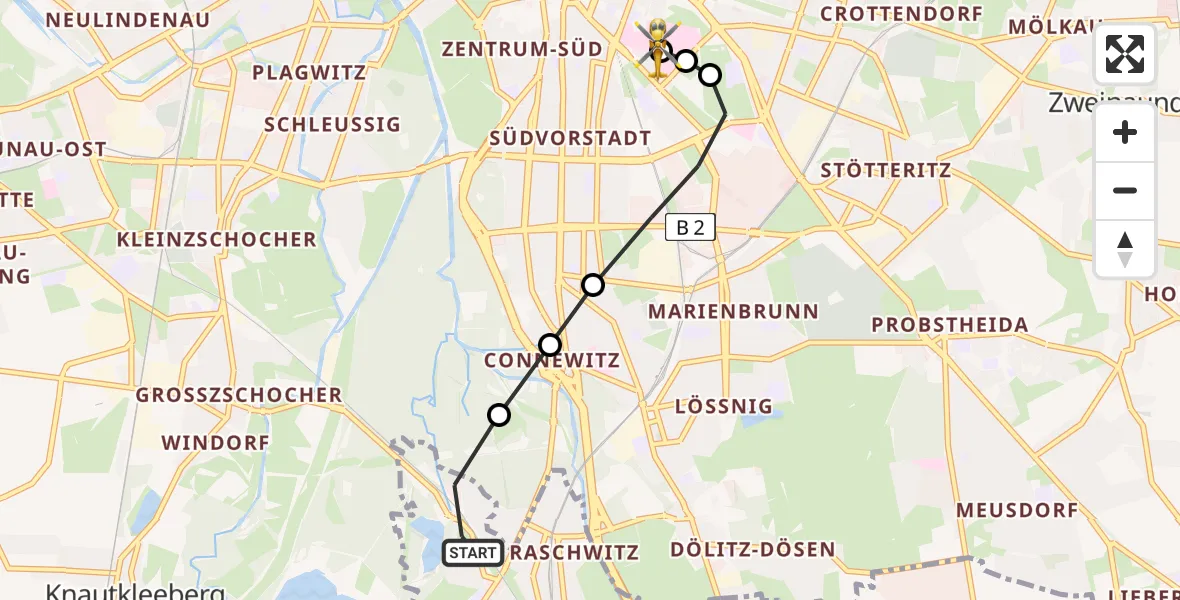 Flugroute Rettungshubschrauber Markkleeberg - Leipzig University Hospital Heliport 1, 26 Mai 2026, 08:09