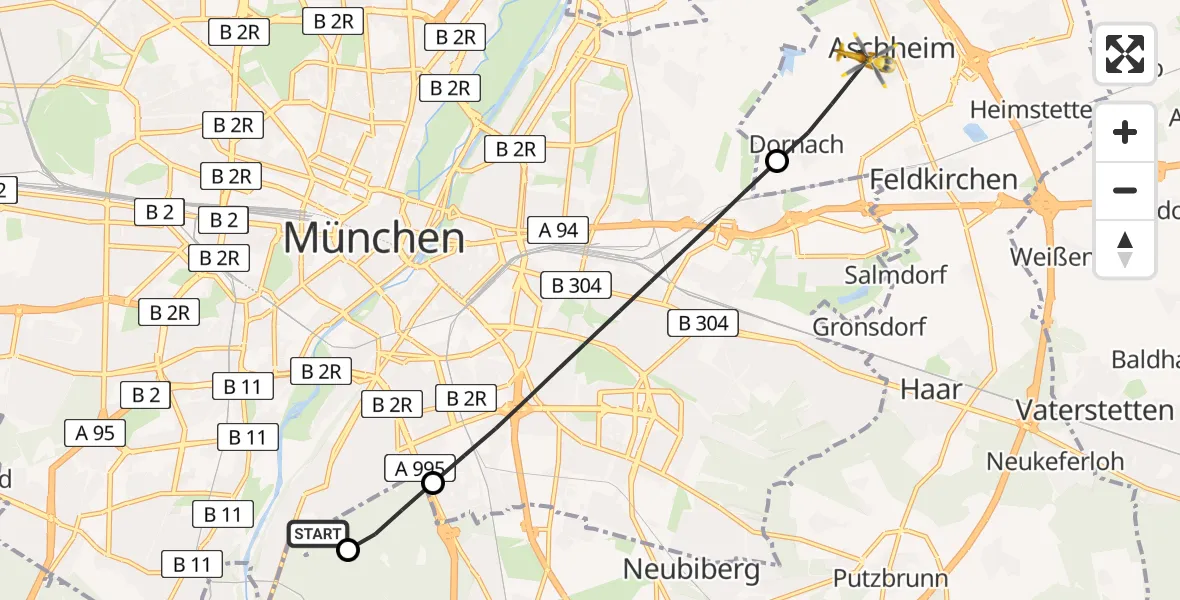 Flugroute Rettungshubschrauber ADAC Air Rescue Center Hubschrauberlandeplatz (Christoph 1) - Aschheim, 26 Mai 2026, 08:10