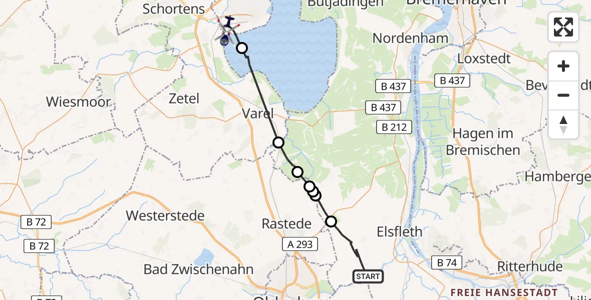Flugroute Polizeihubschrauber Elsfleth - Wilhelmshaven, 26 Mai 2026, 08:12