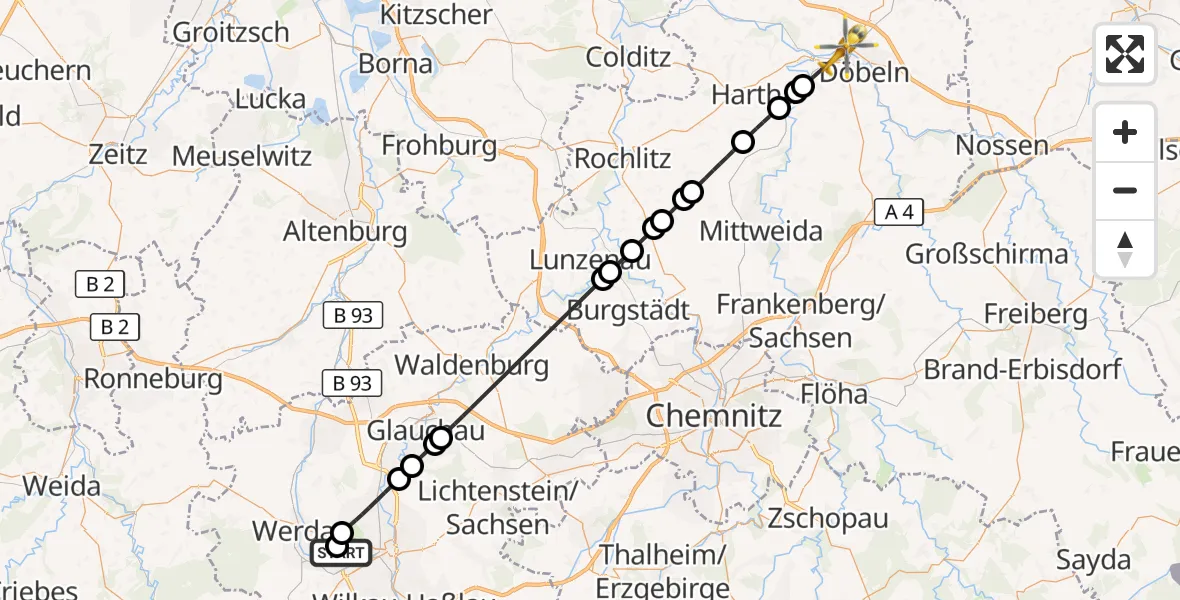 Flugroute Rettungshubschrauber ADAC Air Rescue Station Zwickau Hubschrauberlandeplatz - Döbeln, 26 Mai 2026, 08:13