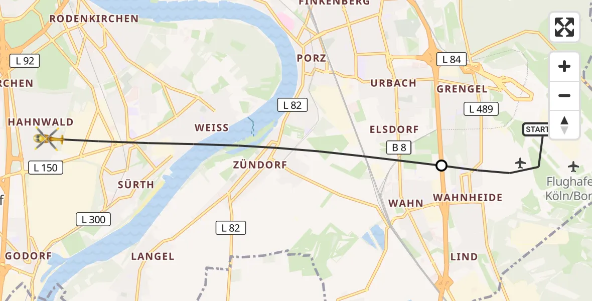 Flugroute Rettungshubschrauber Köln Bonn Flughafen - Köln, 26 Mai 2026, 08:15