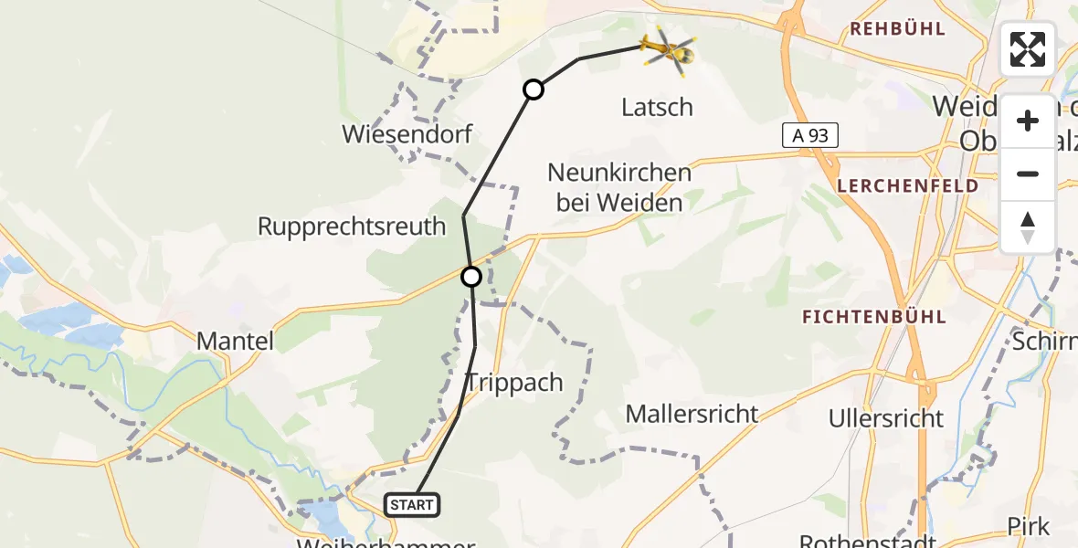 Flugroute Rettungshubschrauber Weiherhammer - Weiden i.d.OPf., 26 Mai 2026, 08:27