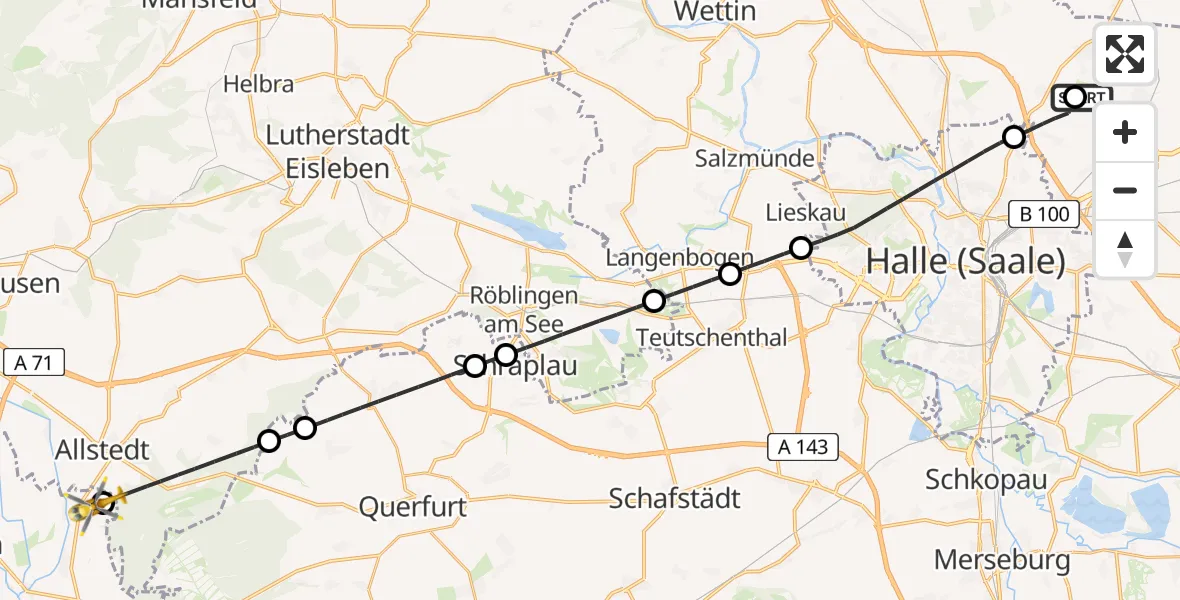 Flugroute Rettungshubschrauber Halle-Oppin Flugplatz - Mönchpfiffel-Nikolausrieth, 26 Mai 2026, 08:28
