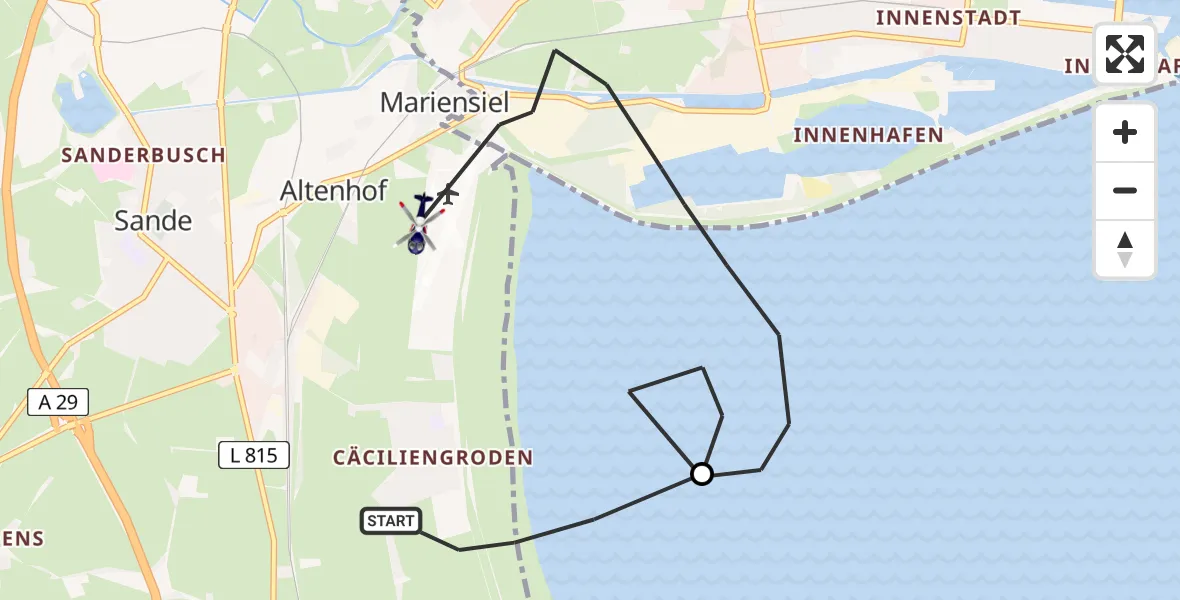 Flugroute Polizeihubschrauber Sande - JadeWeser Flughafen, 26 Mai 2026, 08:28