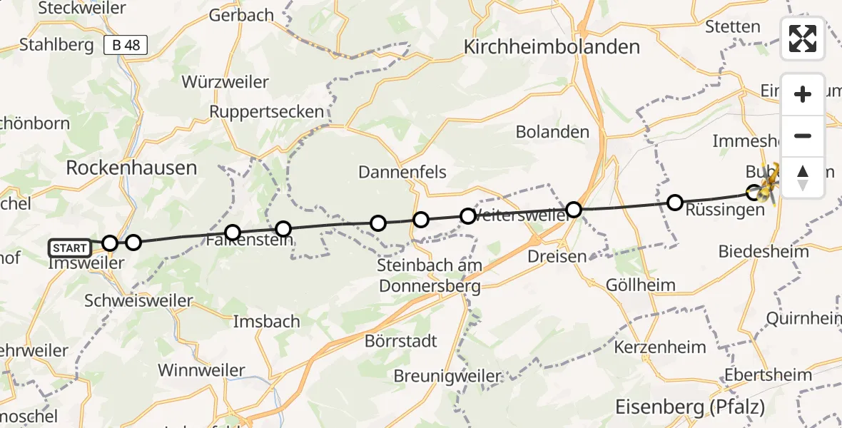 Flugroute Rettungshubschrauber Imsweiler UL - Ottersheim, 26 Mai 2026, 08:28