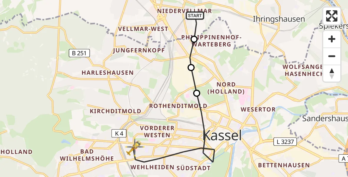 Flugroute Rettungshubschrauber Vellmar - Kassel, 26 Mai 2026, 08:29