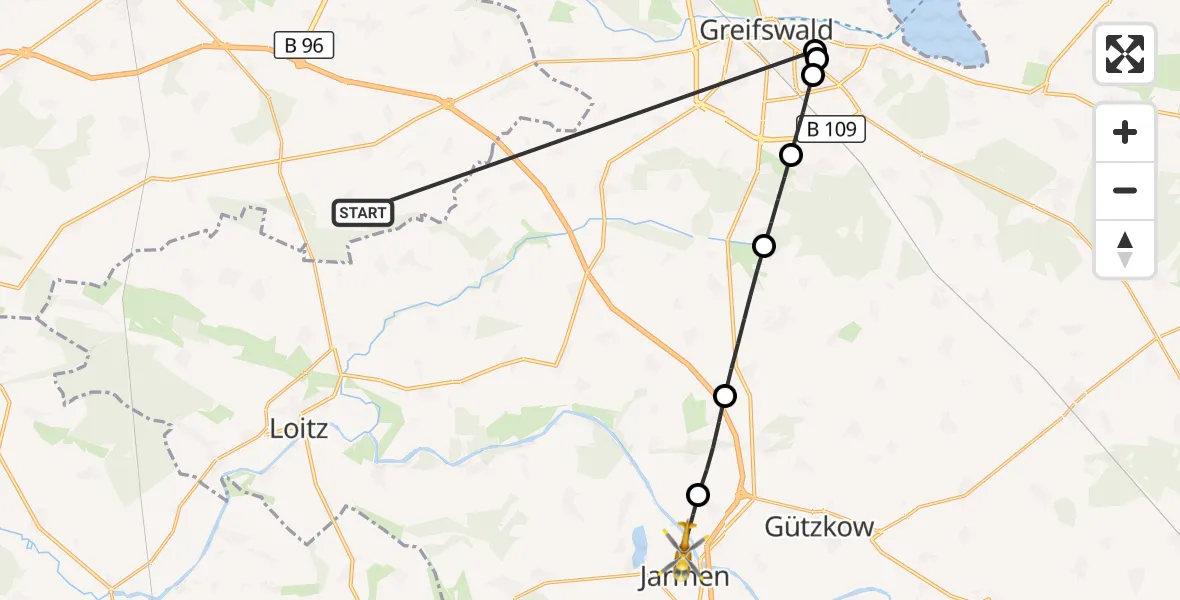 Flugroute Rettungshubschrauber Süderholz - Jarmen, 26 Mai 2026, 08:36