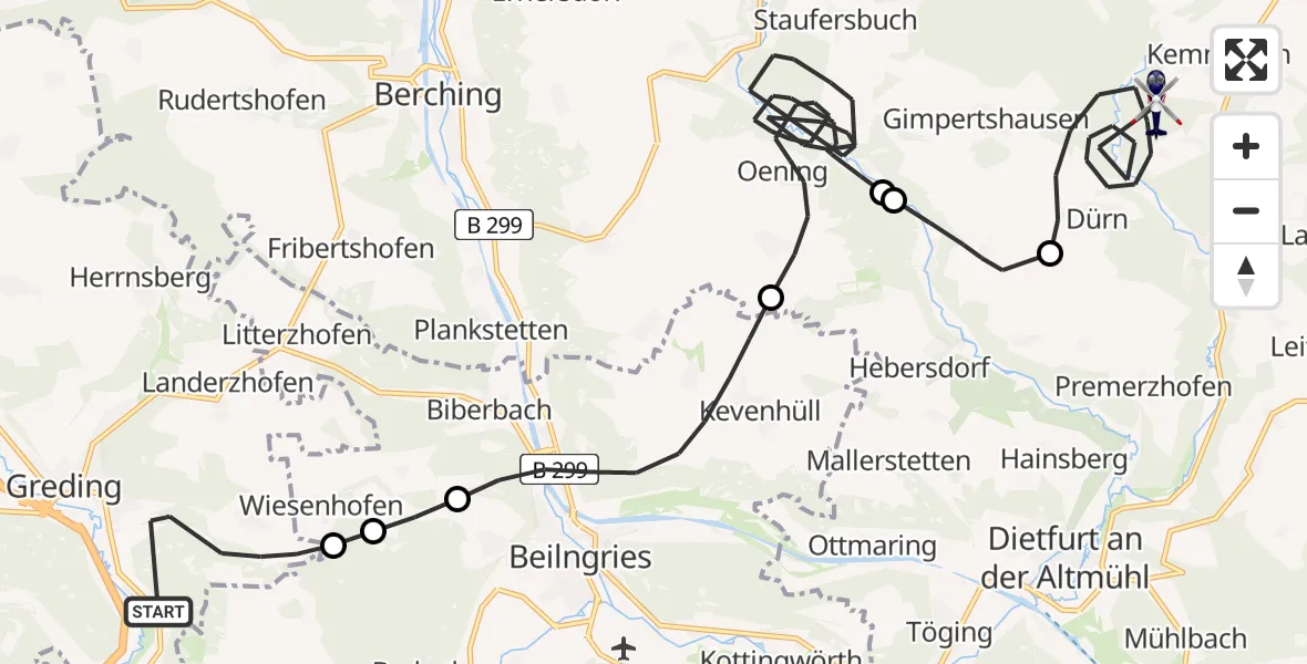 Flugroute Polizeihubschrauber Greding - Breitenbrunn, 26 Mai 2026, 08:48