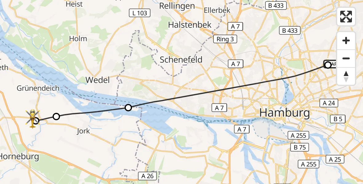 Flugroute Rettungshubschrauber Hamburg Military Hospital - Guderhandviertel, 26 Mai 2026, 08:49