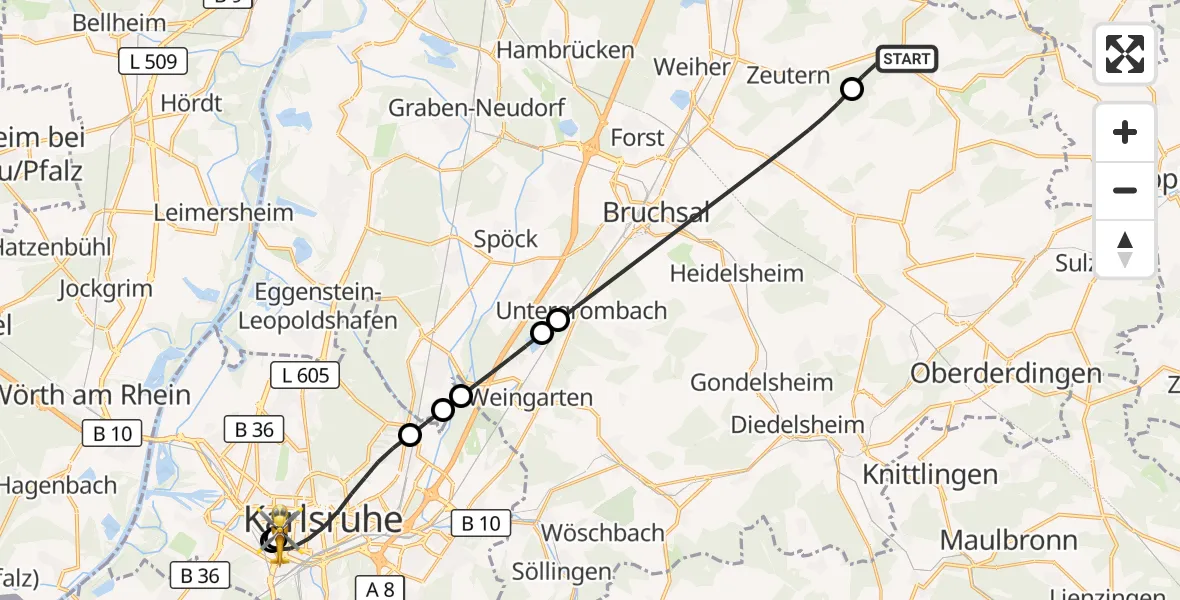 Flugroute Rettungshubschrauber Östringen - Sankt Vincentius Hospital, 26 Mai 2026, 08:49