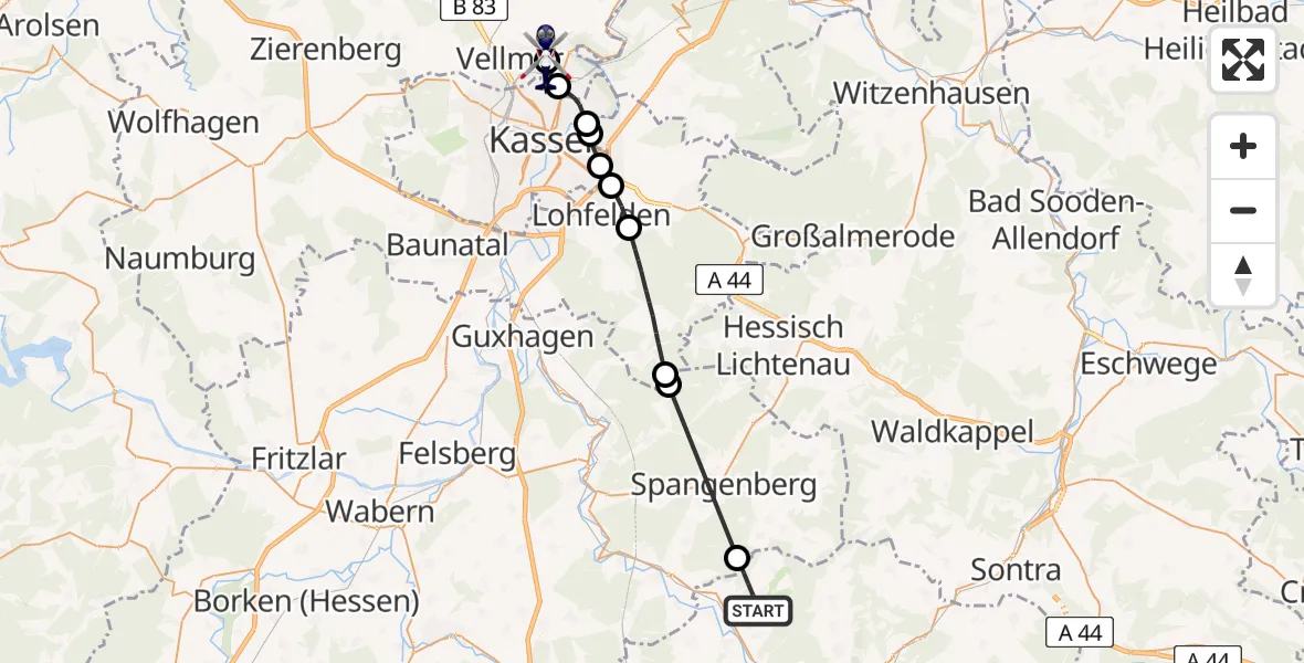 Flugroute Polizeihubschrauber Alheim - Fuldatal Bundespolizei Hubschrauberlandeplatz, 26 Mai 2026, 08:51