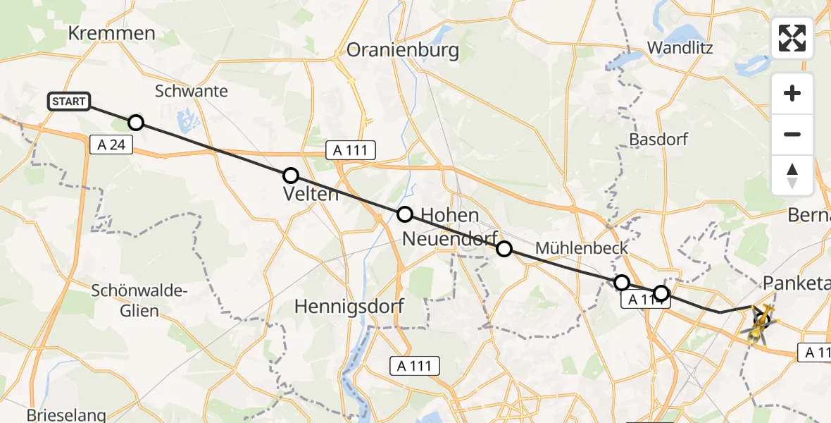 Flugroute Rettungshubschrauber Kremmen - Helios Clinic Berlin-Buch, 26 Mai 2026, 08:55