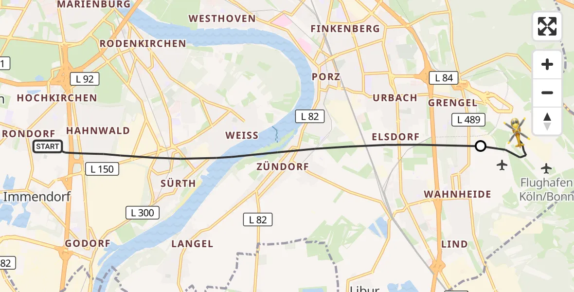 Flugroute Rettungshubschrauber Köln - Köln Bonn Flughafen, 26 Mai 2026, 08:55