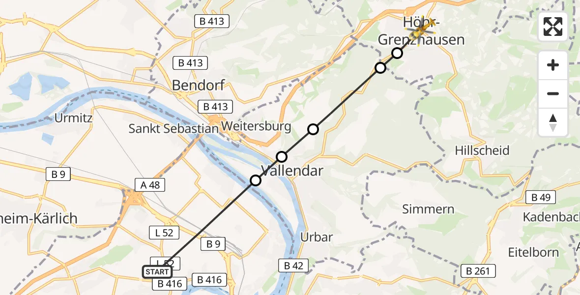 Flugroute Rettungshubschrauber Koblenz - Höhr-Grenzhausen, 26 Mai 2026, 08:55