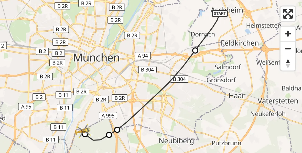 Flugroute Rettungshubschrauber Aschheim - ADAC Air Rescue Center Hubschrauberlandeplatz (Christoph 1), 26 Mai 2026, 08:57