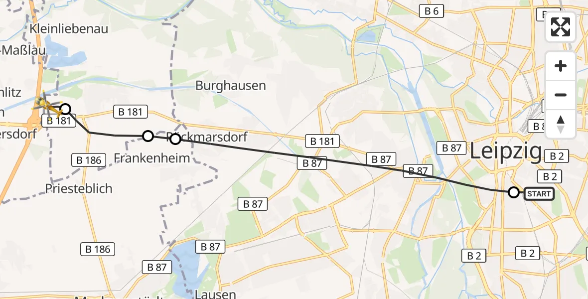 Flugroute Rettungshubschrauber Leipzig University Hospital Heliport 1 - ADAC Air Rescue Station Leipzig/Schkeuditz-Dölzig Hubschrauberlandeplatz (Christoph 61), 26 Mai 2026, 09:02