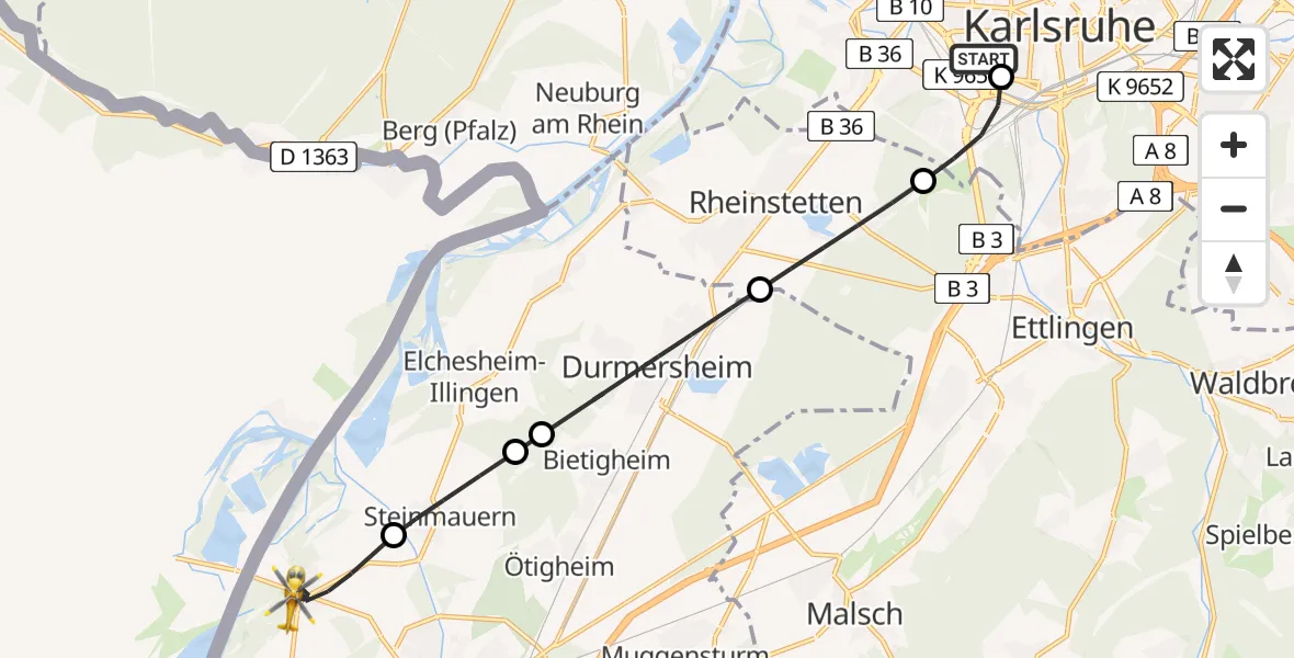 Flugroute Rettungshubschrauber Sankt Vincentius Hospital - Rastatt, 26 Mai 2026, 09:14