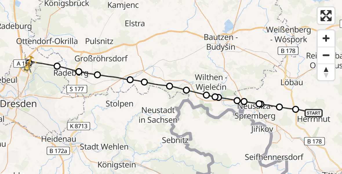 Flugroute Rettungshubschrauber Herrnhut - Dresden Bundespolizei Hubschrauberlandeplatz, 26 Mai 2026, 09:15